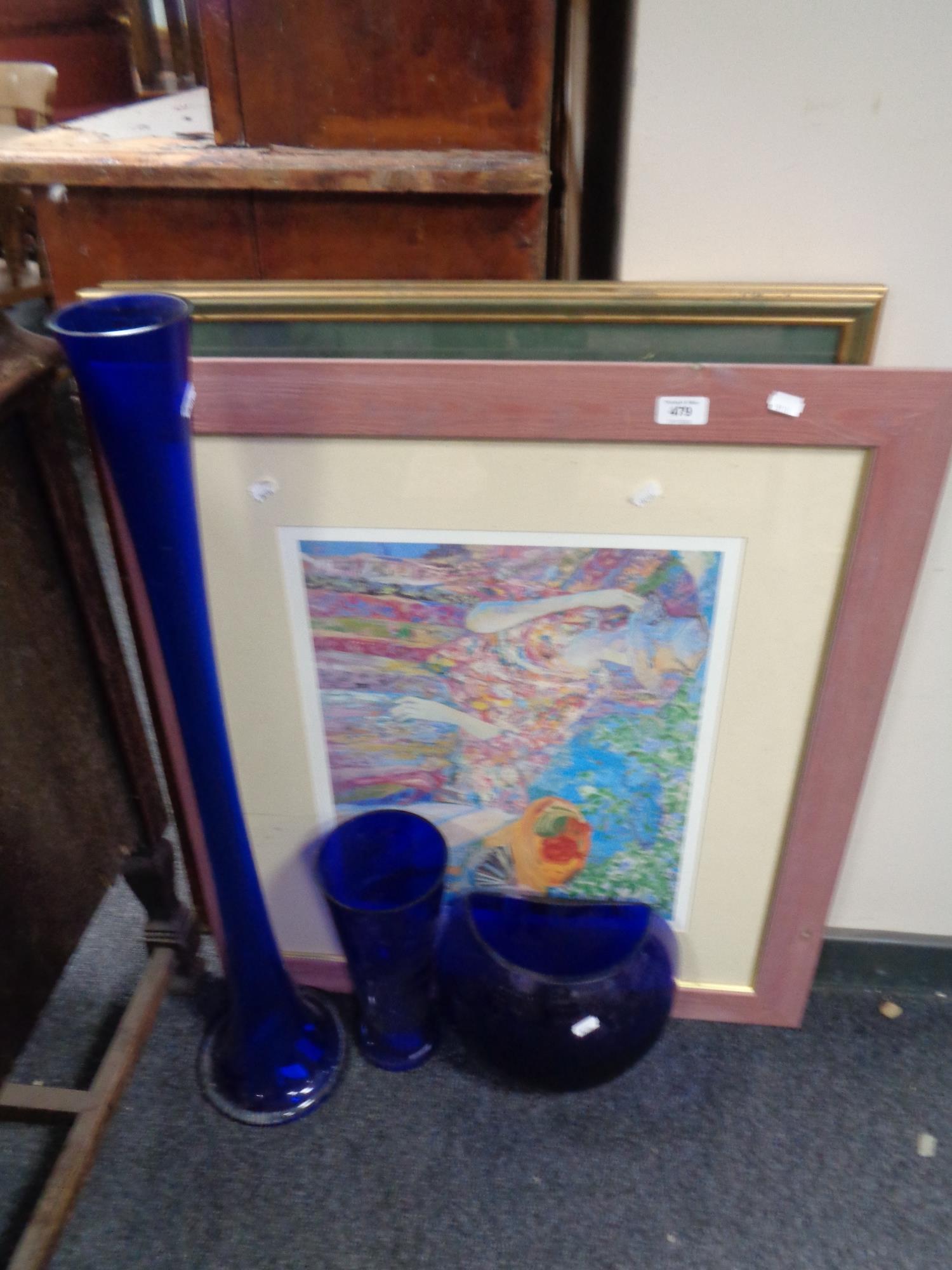Three pieces of blue glass and three prints