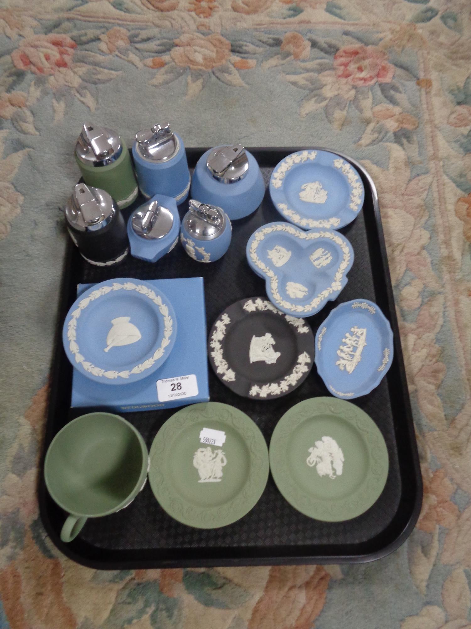 A tray of Wedgwood blue and white Jasper ware,