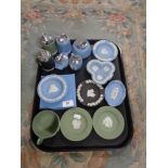 A tray of Wedgwood blue and white Jasper ware,