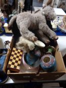 A box of old soft toys, donkey, cribbage board,