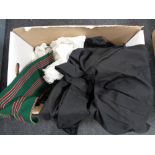 A box of antique and later clothing, two black robes, christening gowns, girl's dress,