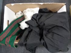 A box of antique and later clothing, two black robes, christening gowns, girl's dress,