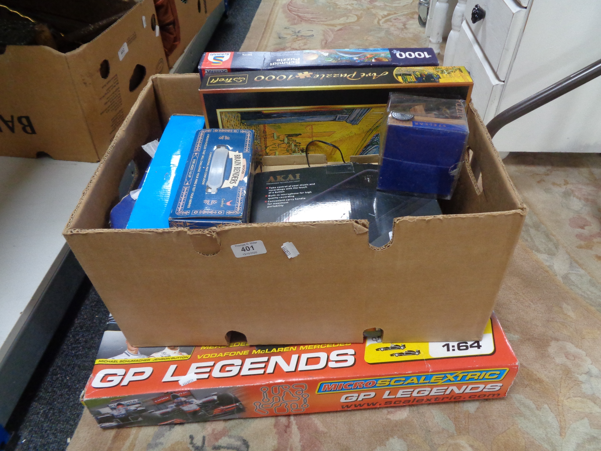 A Scalectrix GP Legends set and a box of cassette player,