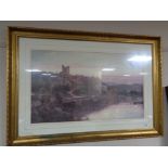 A gilt framed decorative print - Ruin by a river