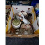 Two boxes of china, ornaments, glass liquere glasses, decanter,