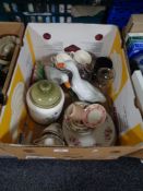 Two boxes of china, ornaments, glass liquere glasses, decanter,