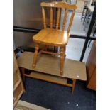 A pine dining chair and a mid century coffee table