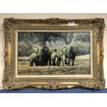 Stephen Park : Study of Elephants in a Clearing, oil on panel, signed, 30 cm x 50 cm, framed.