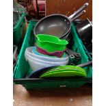 A crate of Jamie Oliver frying pans,