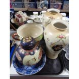 A tray of antique and later ceramics including vases, ginger jar,