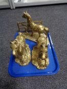 A tray of three brass horse figures