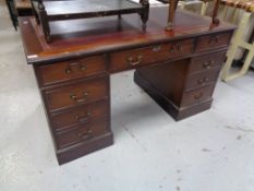 A reproduction mahogany pedestal desk CONDITION REPORT: 137cm by 76cm by 76cm.