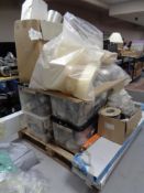 A pallet of various plumbing and electrical part, sink,