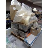 A pallet of various plumbing and electrical part, sink,