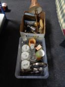 Two boxes of decanters, storage jars, mirror, chopping knife,