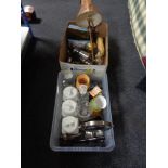 Two boxes of decanters, storage jars, mirror, chopping knife,