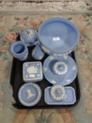 A tray of Wedgwood blue and white Jasper ware