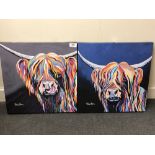 After Steven Brown : Highland Cattle Studies in Multicolour, a pair of colour prints on canvas,