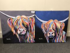 After Steven Brown : Highland Cattle Studies in Multicolour, a pair of colour prints on canvas,