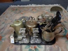 A tray of silver plated and other metal wares,