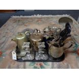 A tray of silver plated and other metal wares,