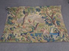 A wall tapestry depicting birds of paradise in a garden with mountains beyond CONDITION