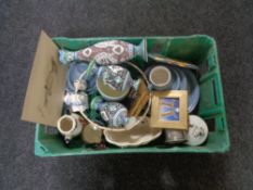 A box of Denby dinner ware, pewter Art Deco jug, tankards,