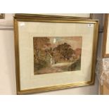 John Johnson : A village scene with a man on horse outside a thatched cottage, watercolour, signed,