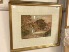 John Johnson : A village scene with a man on horse outside a thatched cottage, watercolour, signed,