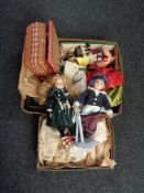 Two boxes of sewing boxes and contents, collector's dolls,