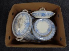 A box of antique blue and white dinner ware,