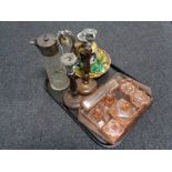 A tray of cut glass and plated claret jug, wooden candlesticks, Art Deco glass trinket set,