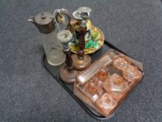 A tray of cut glass and plated claret jug, wooden candlesticks, Art Deco glass trinket set,