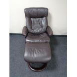 A John Lewis brown leather swivel relaxer chair and stool