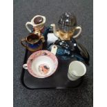 A tray of Poole dolphin, copper lustre jug,