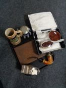 A tray of cased plated hair brush and hand mirror, cased fish cutlery, beer stein, lidded tankards,