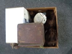 A box of vintage pump rose sprayer, coin sorter, wooden box,