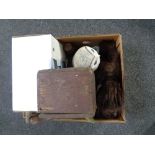 A box of vintage pump rose sprayer, coin sorter, wooden box,