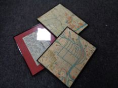 Two framed Japanese colour street maps on paper and other Japanese framed print