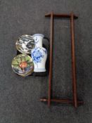 A tray of Chinese blue and white vase, set of ten Danbury mint horse plates, wall shelf.