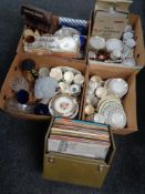 Four boxes of assorted china to include coffee cups, tea china, glass war,