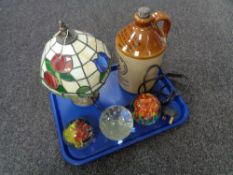 A tray of three glass paperweights, Tiffany style lamp with shade,