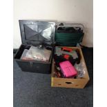 A quantity of fishing equipment to include tackle box, bag, fishing seat, telescopic rod,