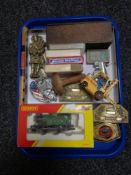 A tray of belt buckles, Corgi truck, boxed Hornby OO Gauge LNER industrial engine,