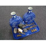 A tray of pair of Ironstone blue and white moon vases, table lighter, bronze figure,
