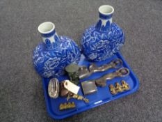 A tray of pair of Ironstone blue and white moon vases, table lighter, bronze figure,