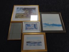 A gilt framed mirror together with four further framed prints