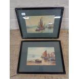 A pair of framed early 20th century watercolours depicting boats in a harbour and figures bringing