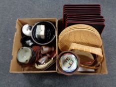 Two boxes of lacquered trays, wicker baskets,