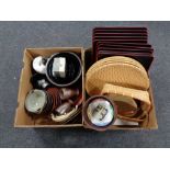 Two boxes of lacquered trays, wicker baskets,